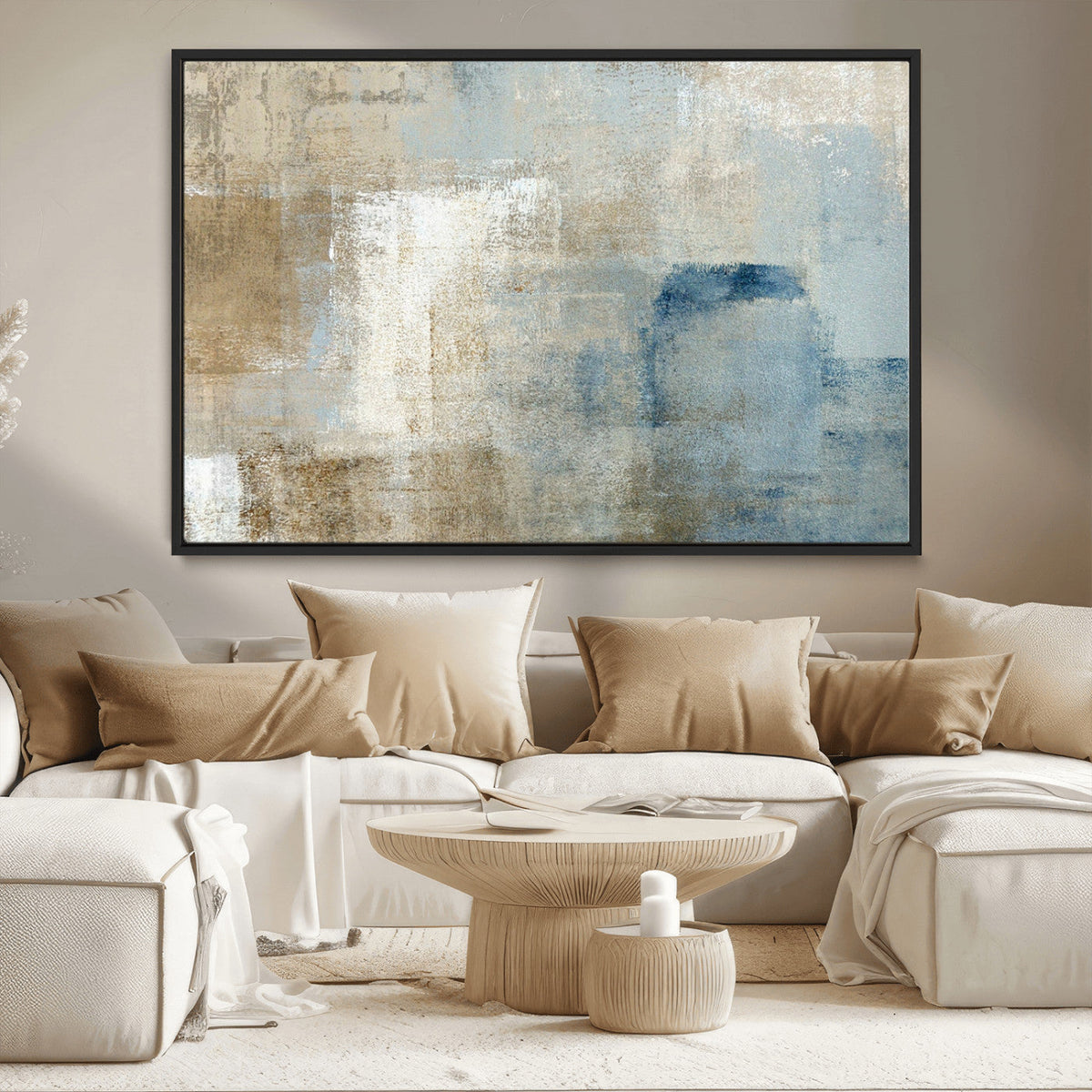Abstract Blue and Beige Wall Art, Modern Minimalist Canvas Print Set