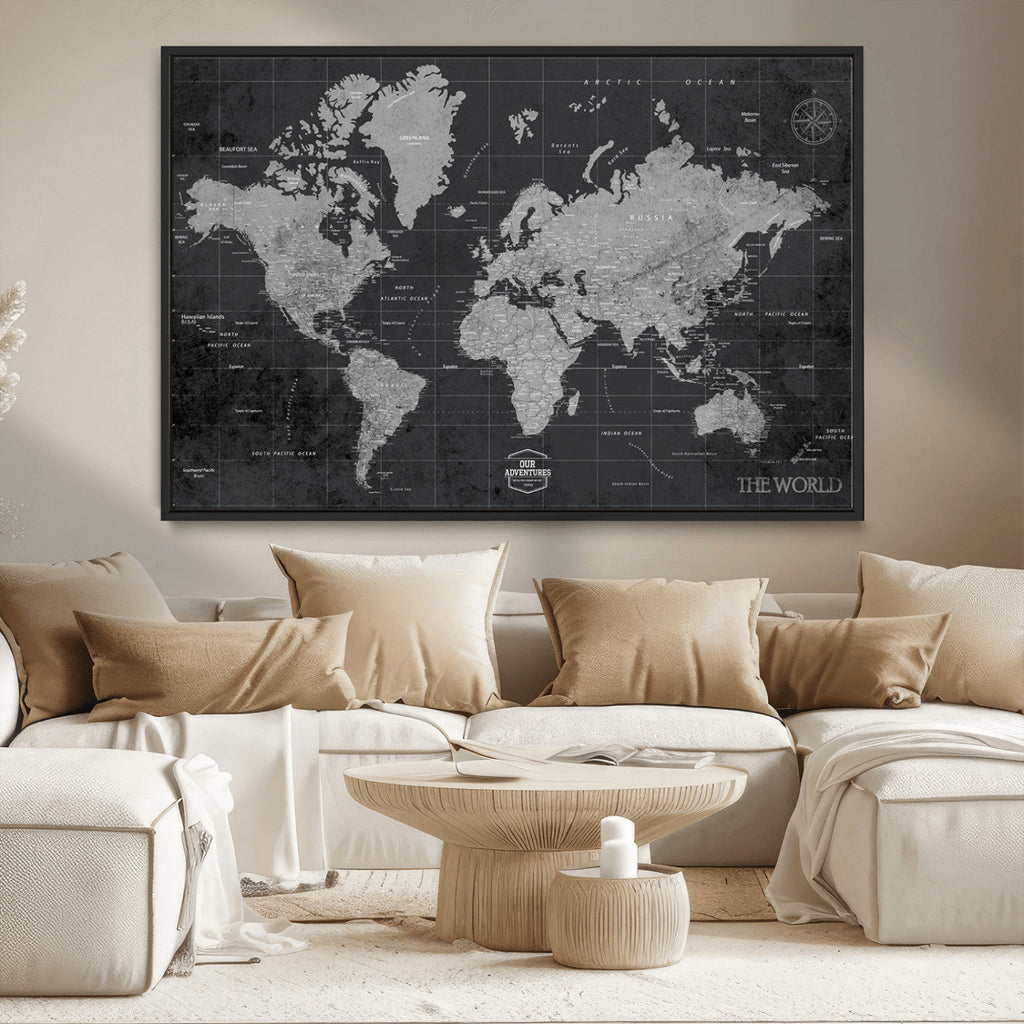World Map Canvas Print, Detailed Map of the World Wall Art for Home or Office