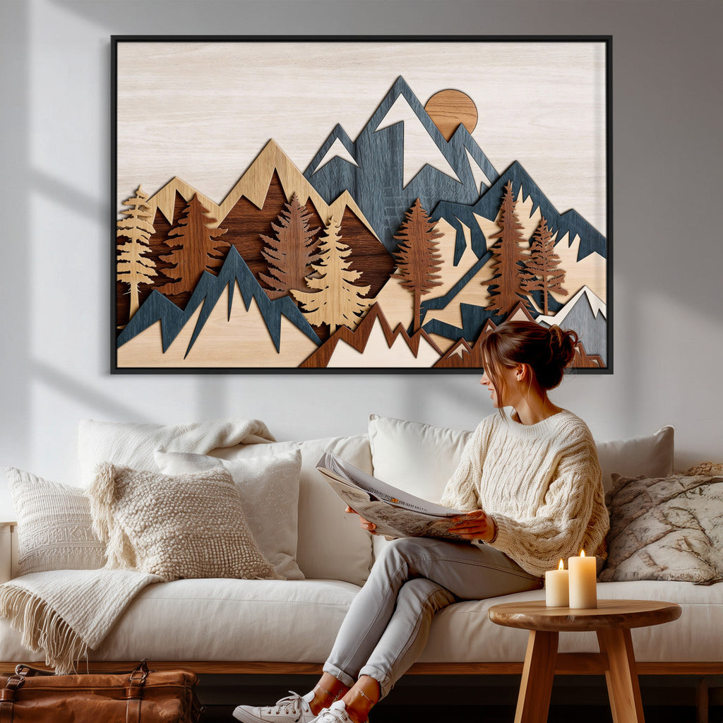 Rustic Abstract Wood Panel Effect Canvas | Mountain Range Top Wood Wall Art Canvas Print
