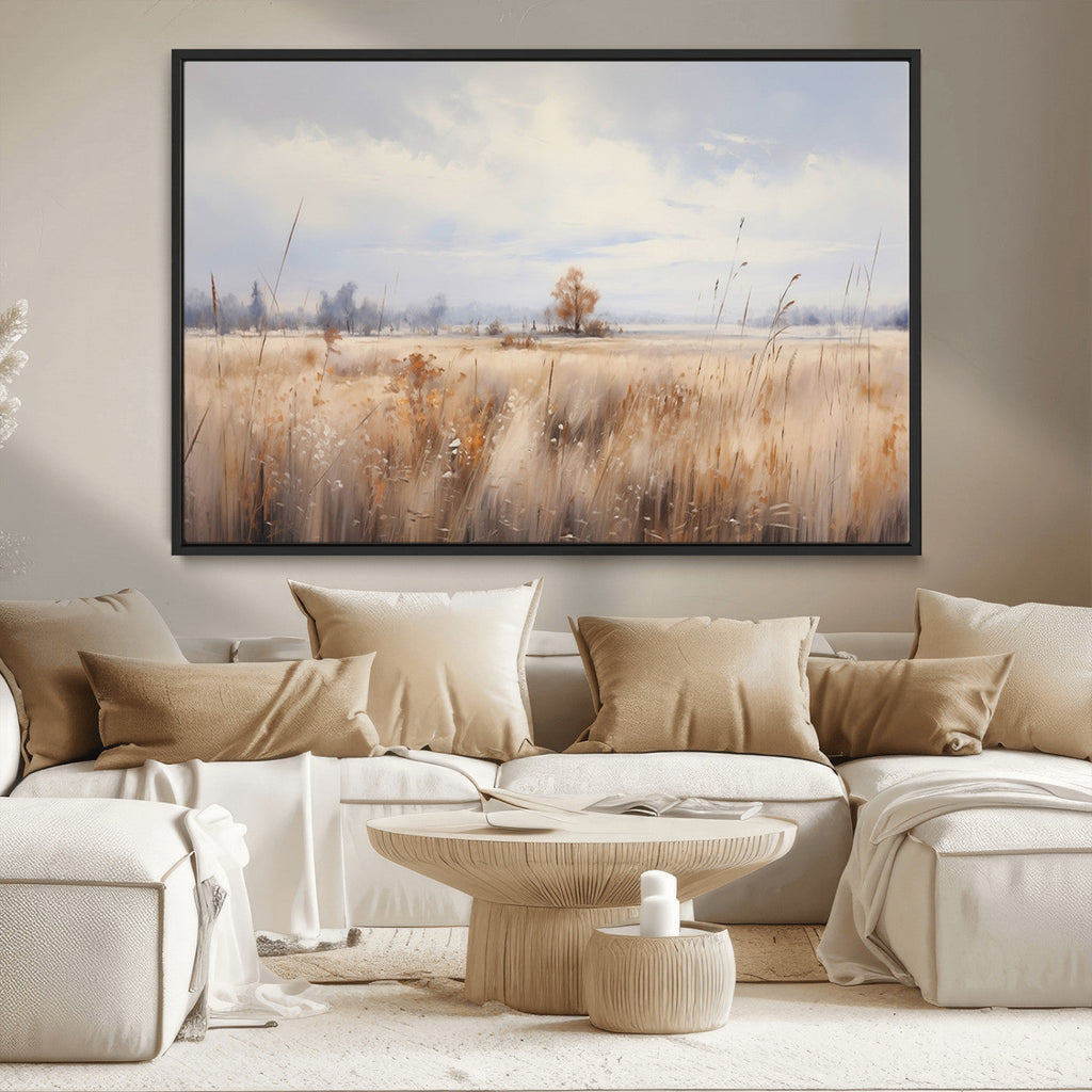 Golden Fields Wall Art Print Canvas | Serene Minimalist Landscape for Farmhouse Decor
