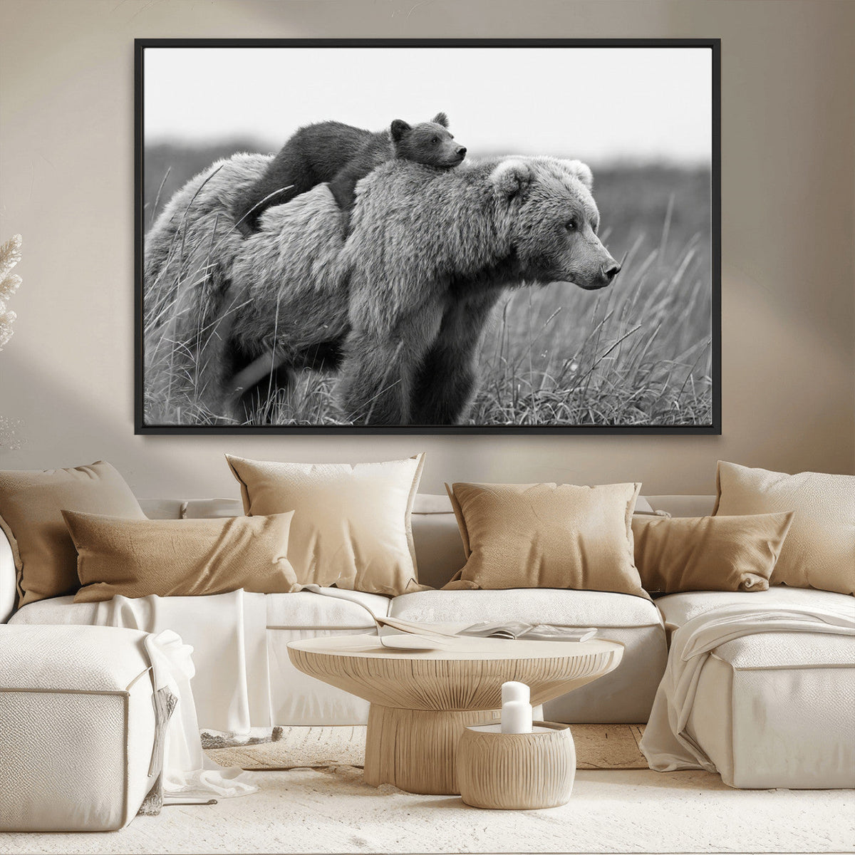 Bear and Cub Wall Art Canvas | Grizzly 399 Bear and Cub Black and White Wildlife Print