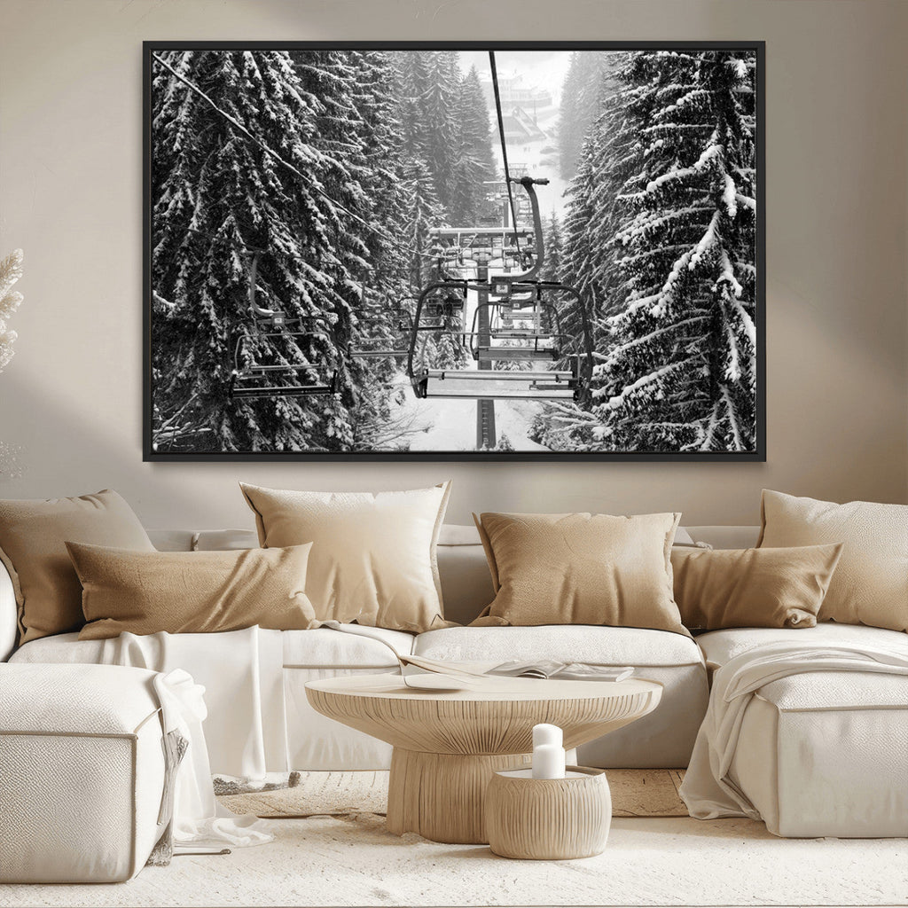 Winter Ski Lift Black and White Canvas Wall Art | Alpine Escape in Minimalist Style