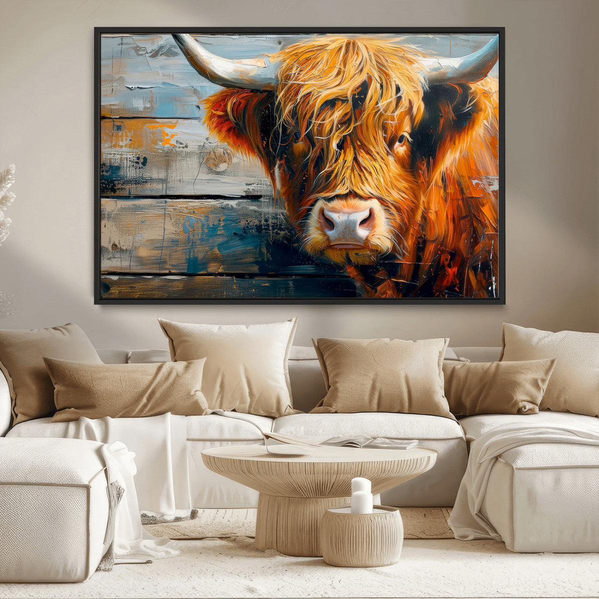 Highland Cow Abstract Canvas Wall Art, Bold Farmhouse Decor