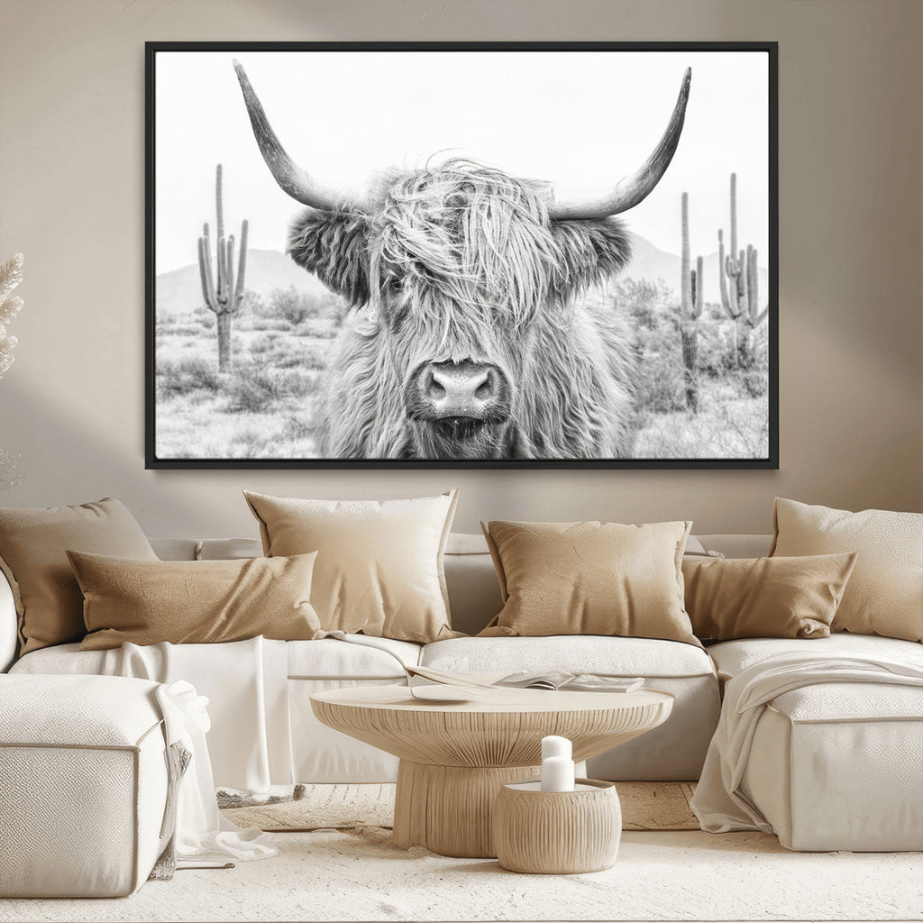 Rustic Charm, Cow Longhorn Black White Bighorn Wall Art