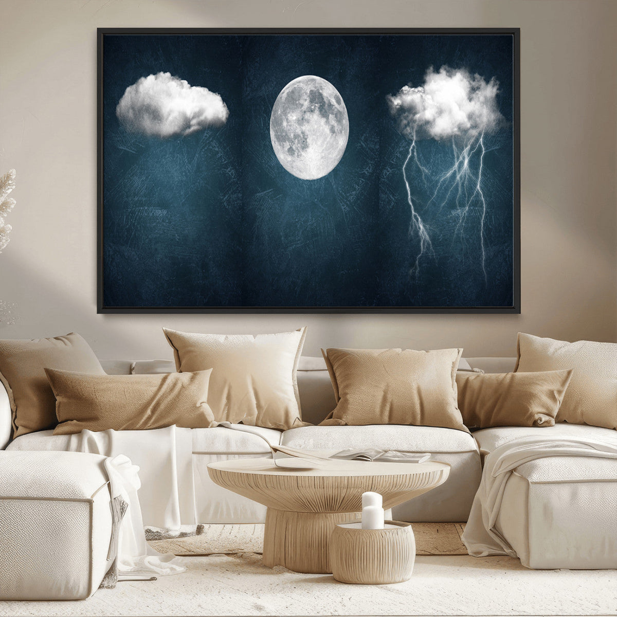 3 Piece Indigo Cloud Wall Art, Thunderstorm Moon Cloud Artwork