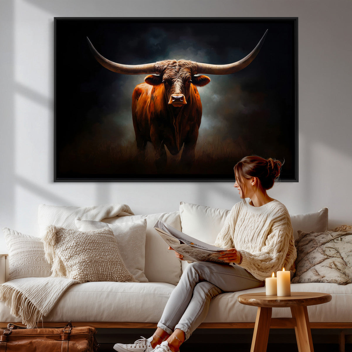 Abstract Texas Longhorn Wall Art Print | 3-Panel Large Texas Longhorn Canvas