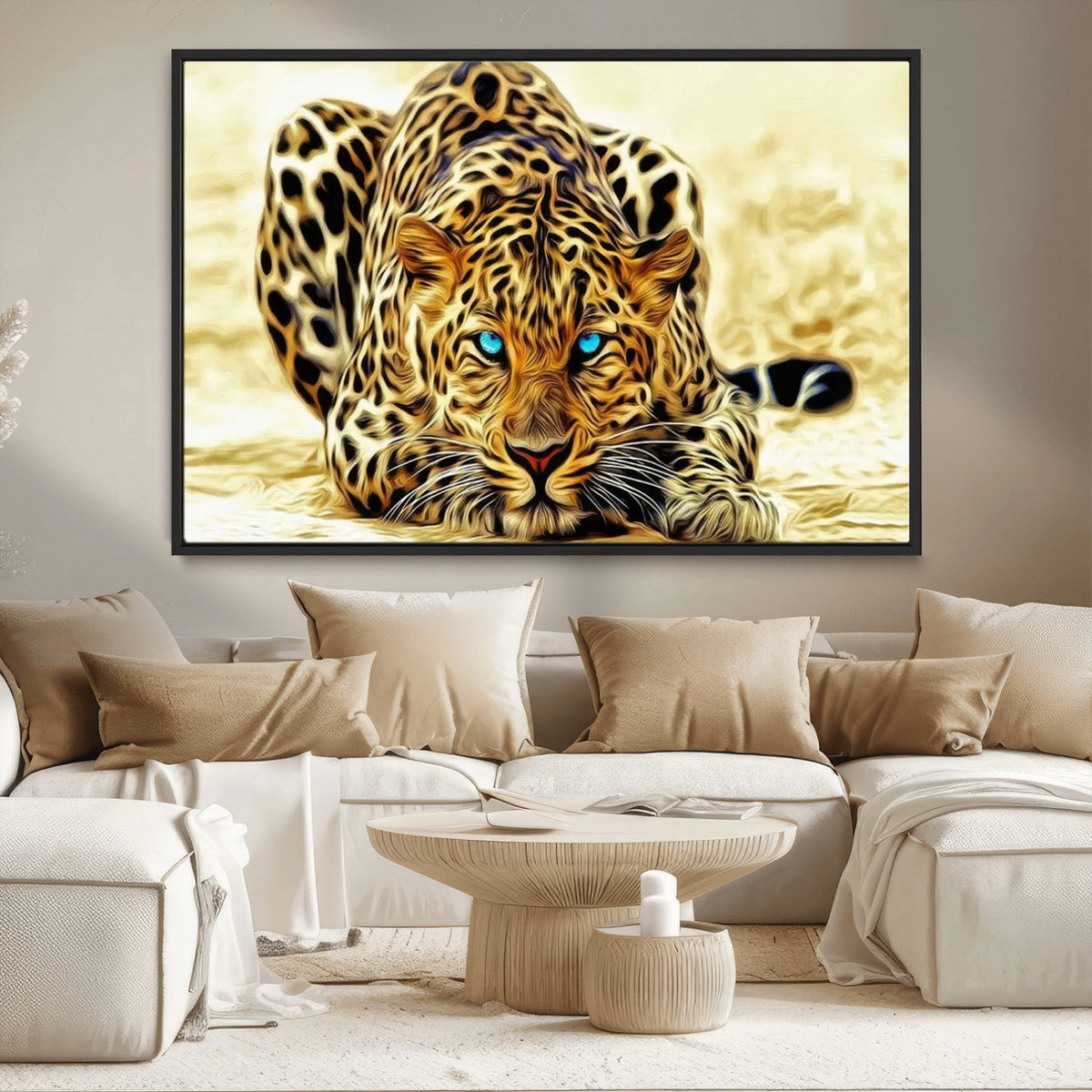 Blue-Eyed Leopard Canvas Wall Art, Framed Animal Print, Fierce and Bold Decor for Living Rooms