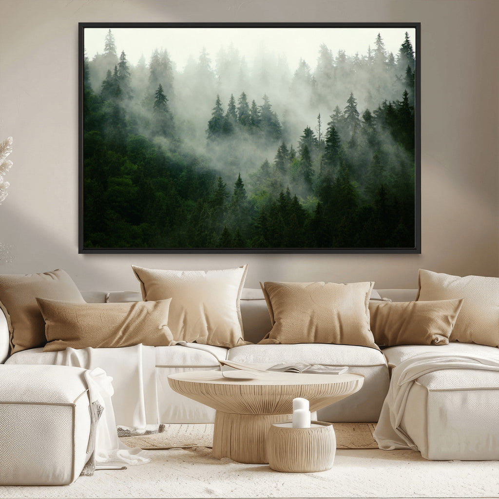 Misty Forest Wall Art | Tranquil Green Woodland Canvas Print