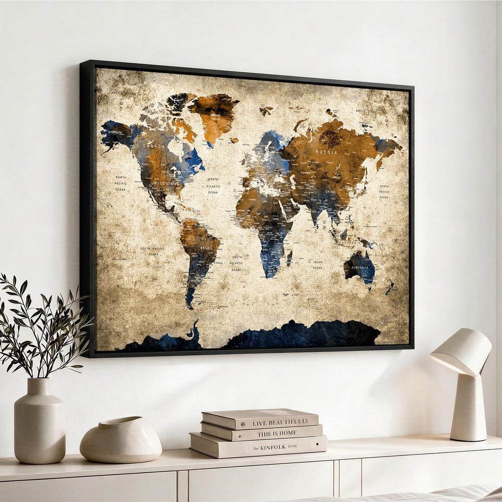 World Map Wall Art | Antique Style Blue and Brown Map Canvas Print