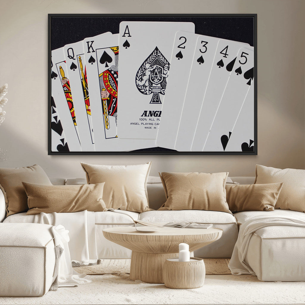 Poker Wall Art - Playing Cards Canvas Wall Art Print - Ace of Spades and Royal Flush Design
