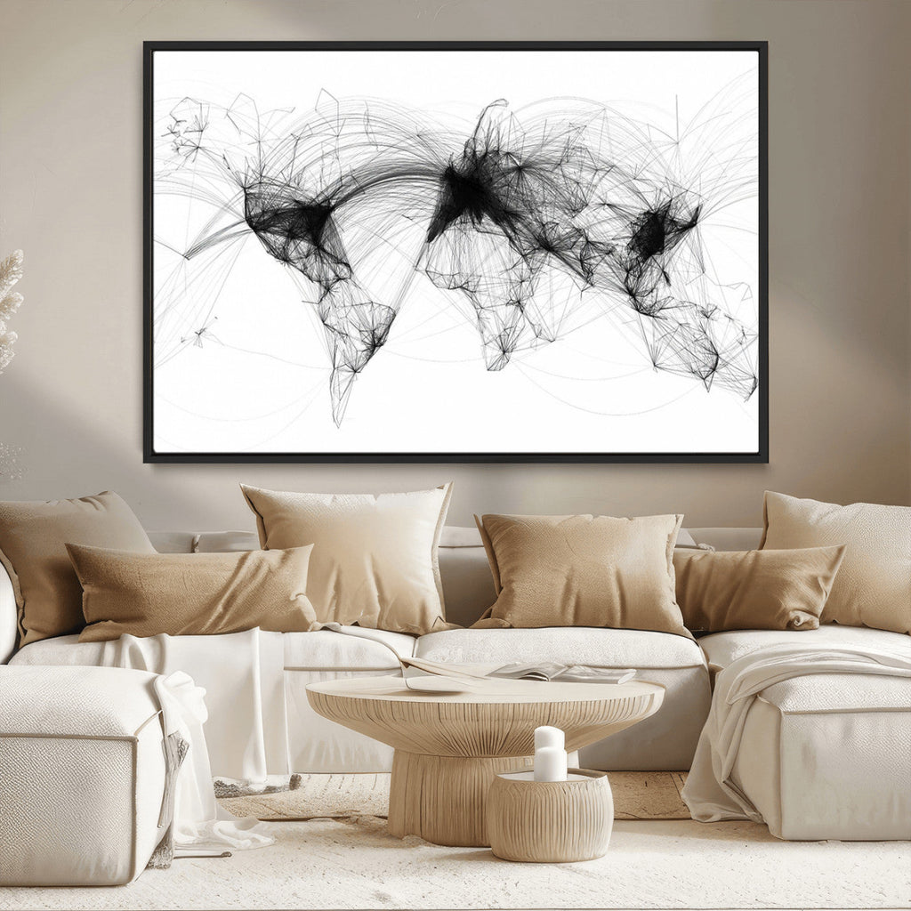 Abstract World Map Wall Art | Framed Geometric Line Canvas