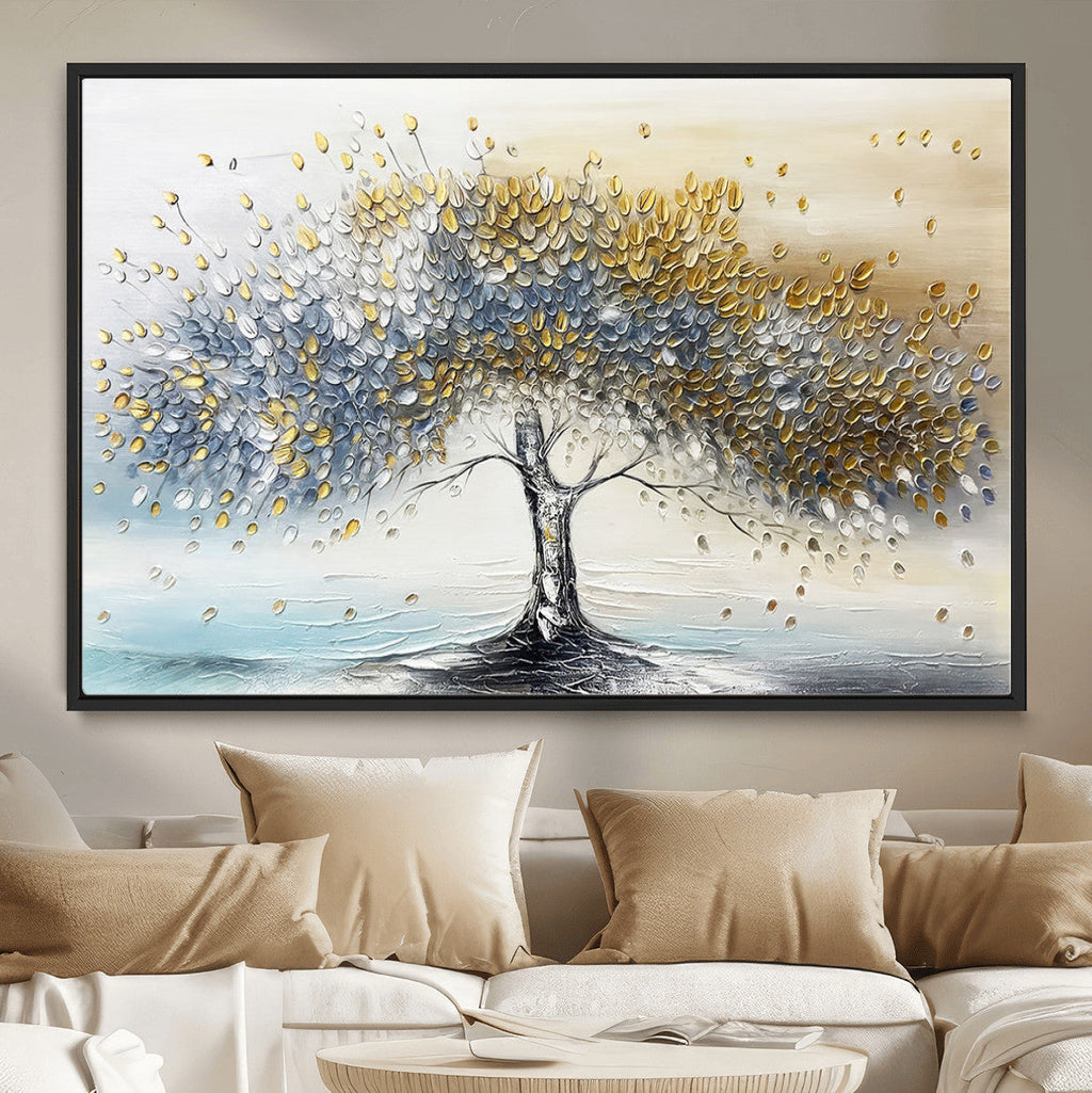 Golden and Silver Tree Wall Art | Framed Elegant Leaves Canvas
