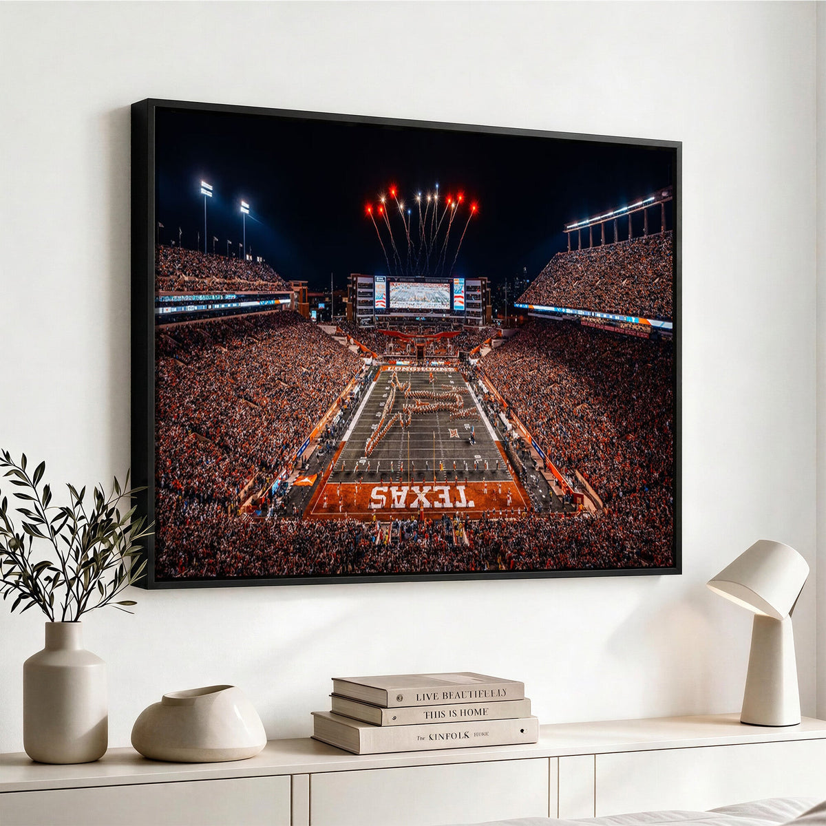 Texas Stadium Night Game Wall Art Canvas Print, Vibrant Football Fireworks Scene