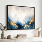 Abstract Blue and Gold Clouds Wall Art Canvas Print, Framed Modern Landscape Artwork