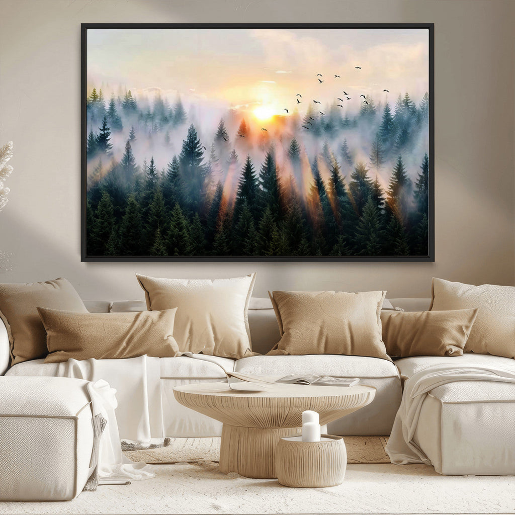Abstract Forest Wall Art, Serene Nature Canvas Print with Misty Forest Design for Modern Home Decor