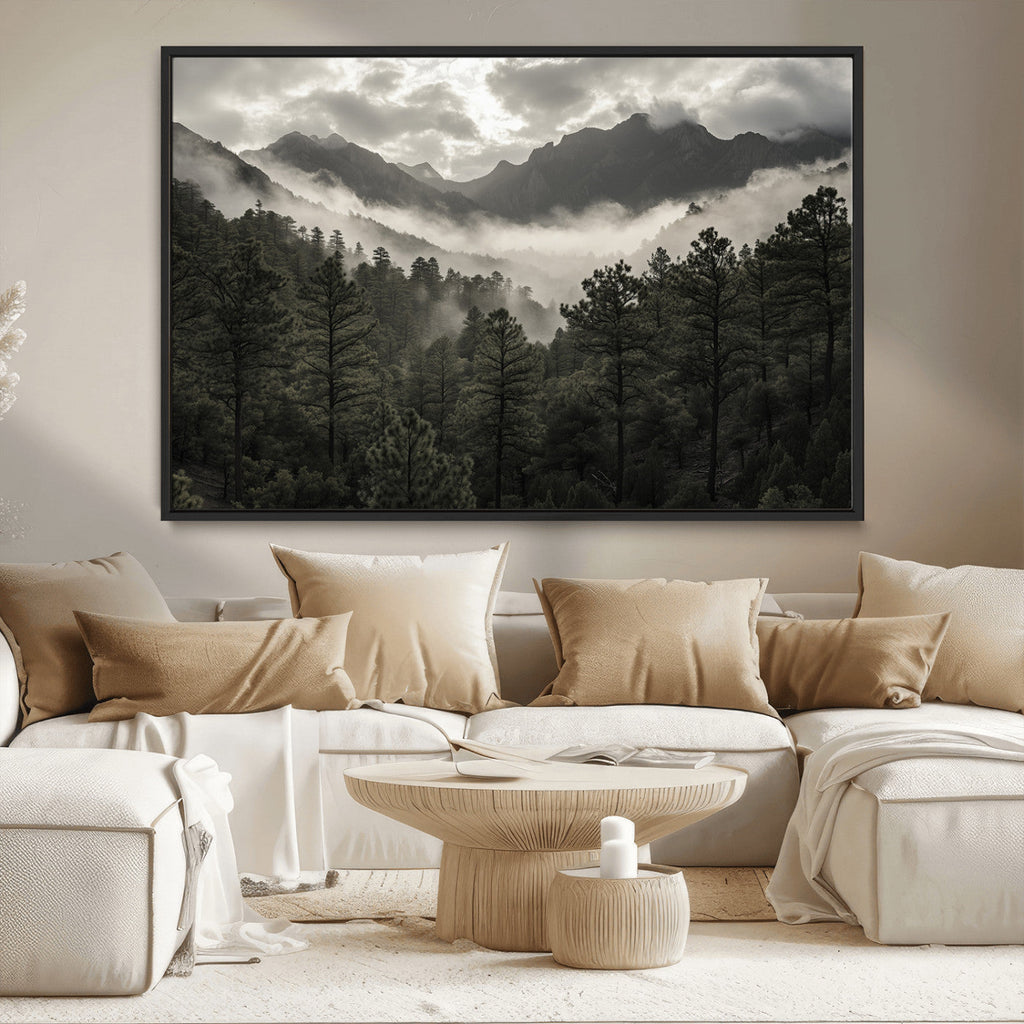 Moody Forest Wall Art | Framed Mountain Fog Canvas Artwork