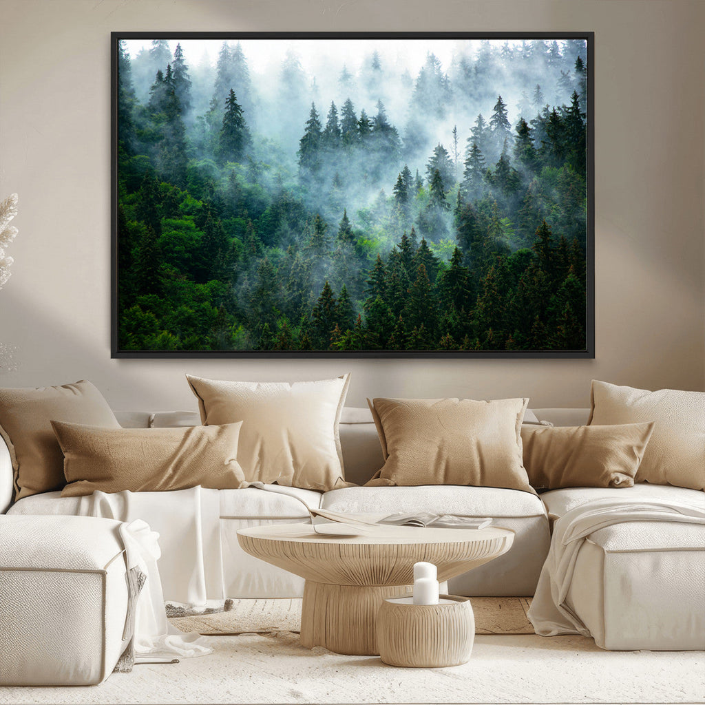 Misty Forest Wall Art Canvas Print, Framed Foggy Mountain Art, Large Scenic Woodland Canvas
