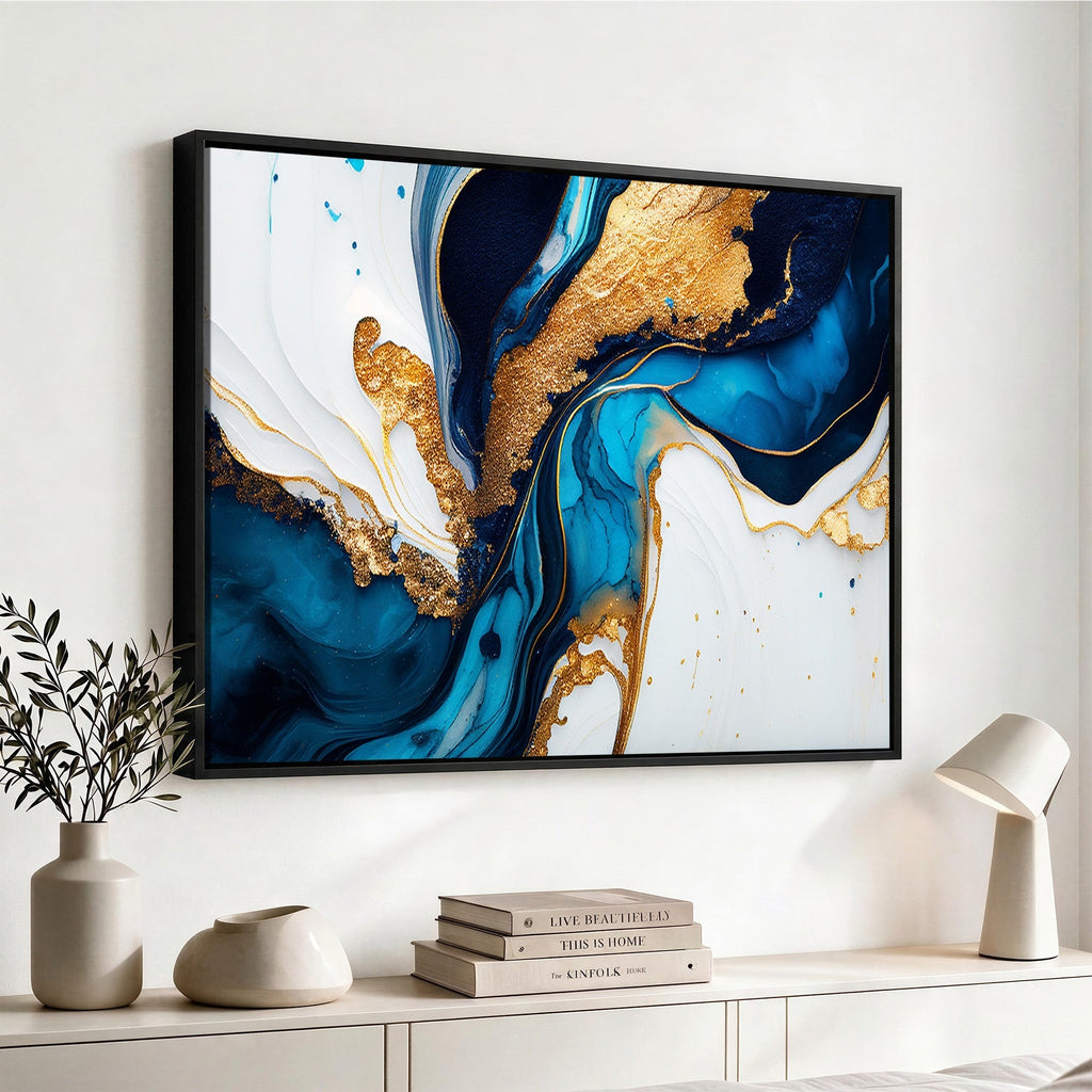 Gold Blue Abstract Canvas Print, Elegant Navy and Gold Marble Flow