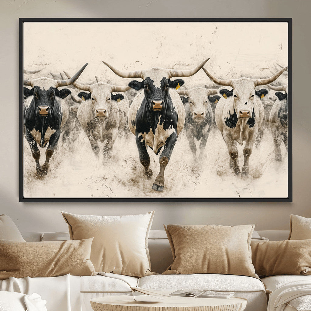 Texas Longhorn Wall Art | Framed Cattle Walking Canvas