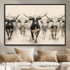 Texas Longhorn Wall Art | Framed Cattle Walking Canvas