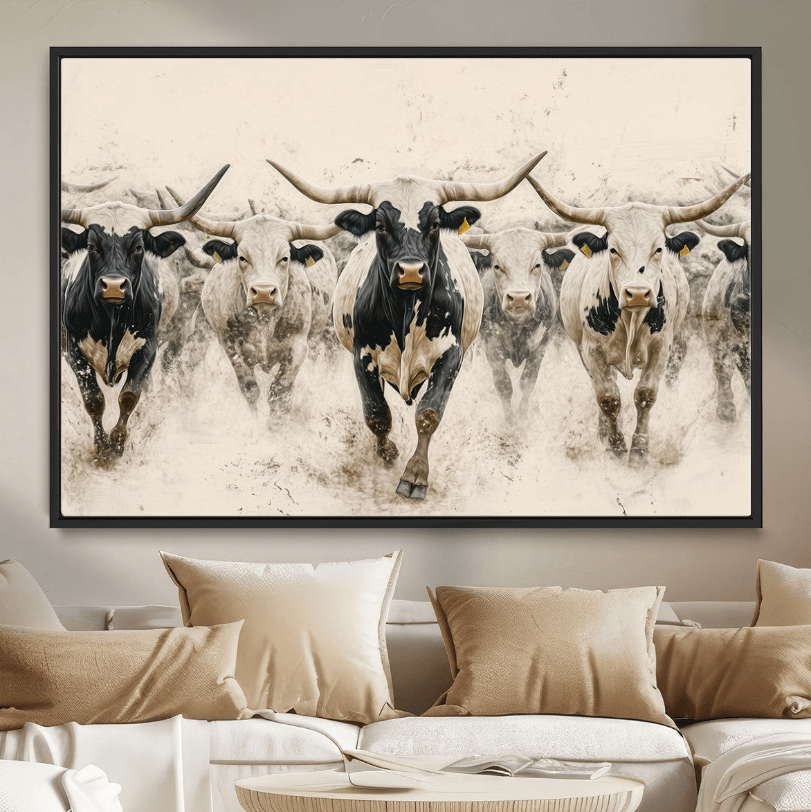 Texas Longhorn Wall Art | Framed Cattle Walking Canvas