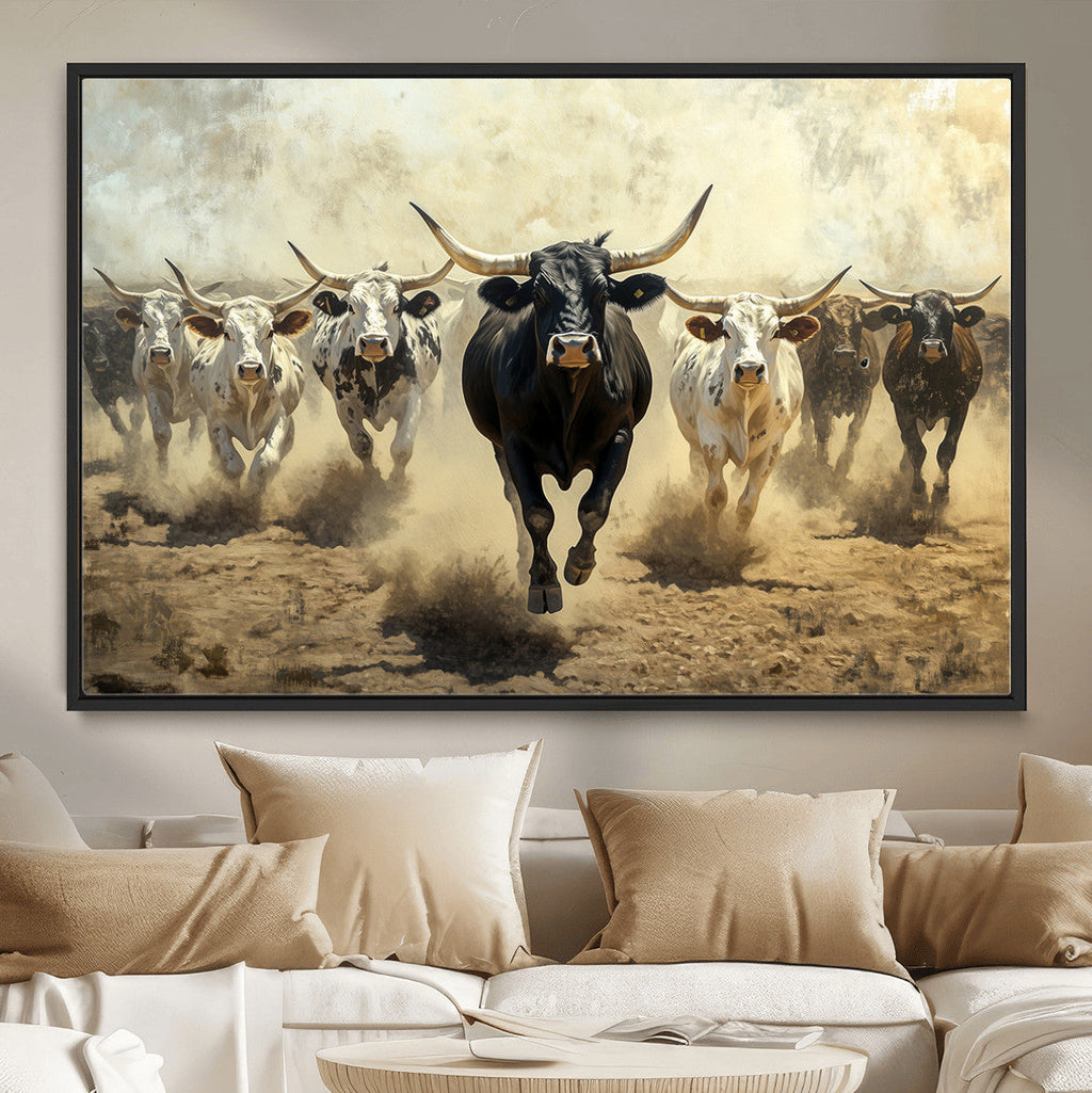 Texas Longhorn Wall Art | Framed Charging Cattle Canvas