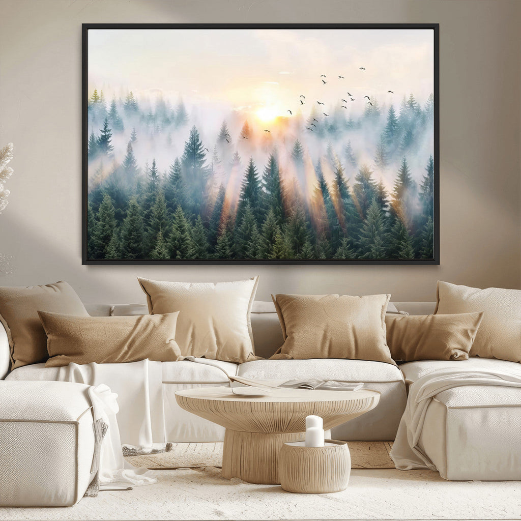 Misty Pine Forest Wall Art Canvas, Sunrise Over Foggy Trees