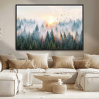 Misty Pine Forest Wall Art Canvas, Sunrise Over Foggy Trees