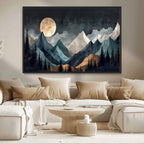 Moonlit Mountain Wall Art Canvas Print, Framed Silhouetted Pines Art, Layered Peaks Rustic Decor