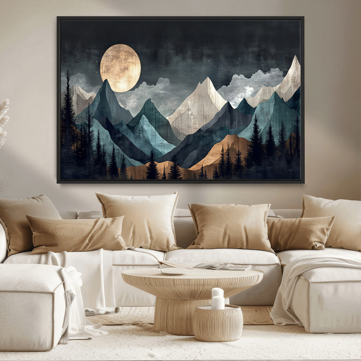 Moonlit Mountain Wall Art Canvas Print, Framed Silhouetted Pines Art, Layered Peaks Rustic Decor