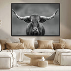 Texas Longhorn Wall Art Canvas Print, Framed Western Bull Photography, Rustic Log Cabin Decor