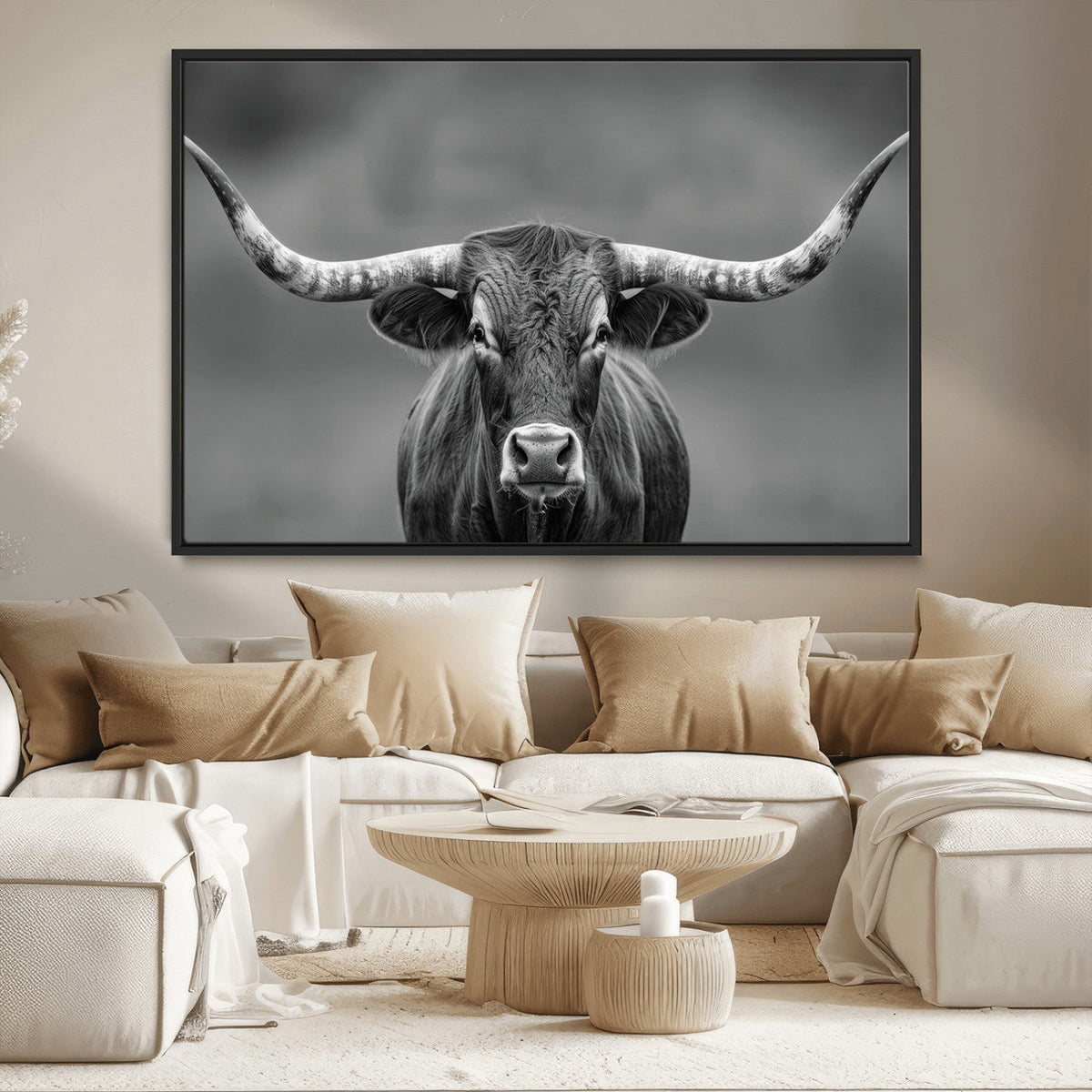 Texas Longhorn Wall Art Canvas Print, Framed Western Bull Photography, Rustic Log Cabin Decor