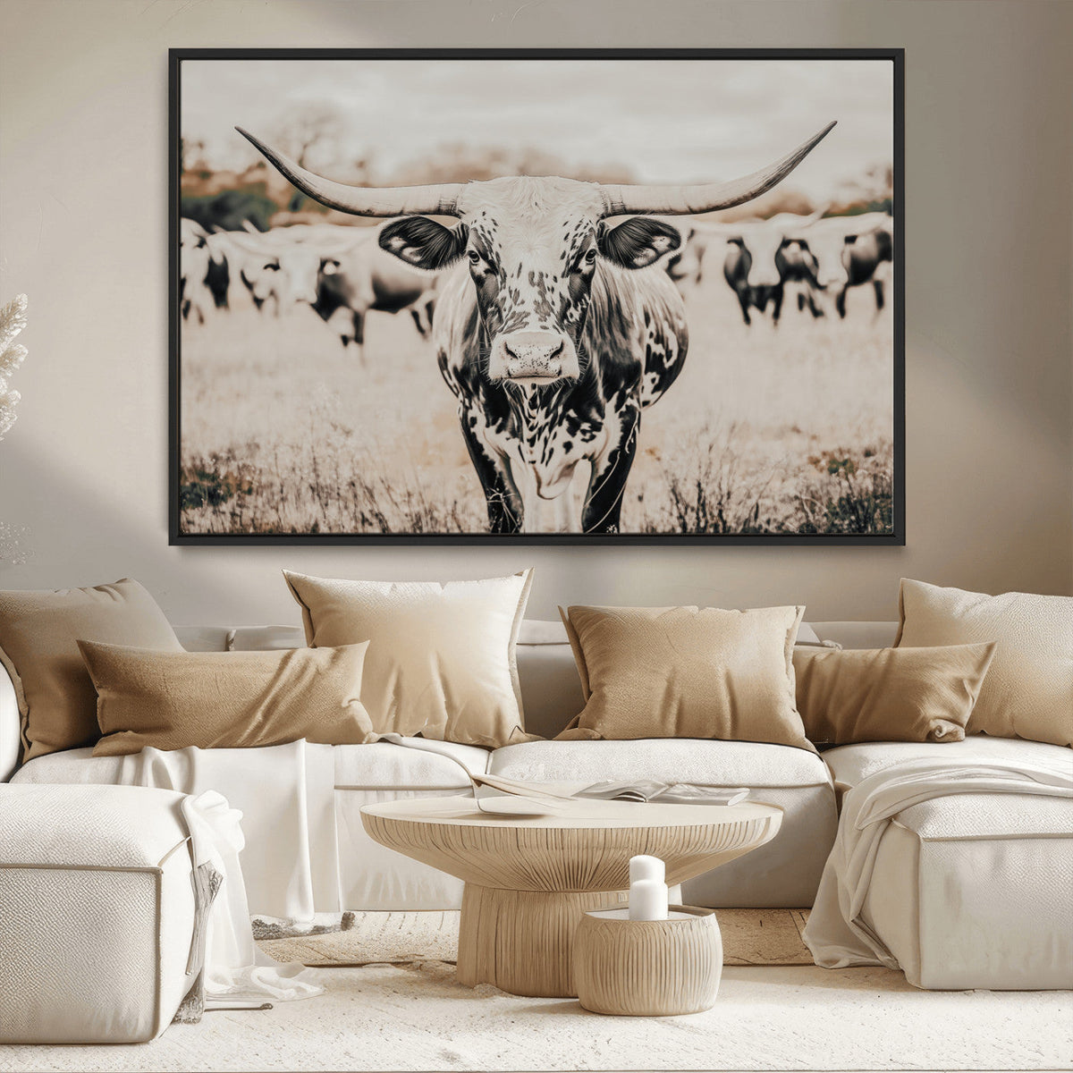 Texas Longhorn Wall Art Canvas Print | Framed Speckled Brown and White Bull