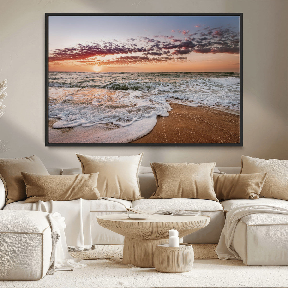 Ocean Sunset Wall Art Canvas Print | Sandy Shore and Gentle Waves