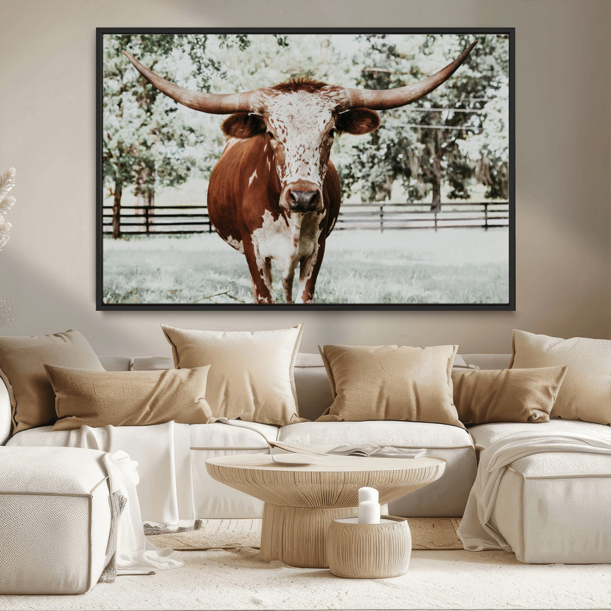 Texas Longhorn Wall Art Canvas Print | Framed Spotted Brown and White Bull