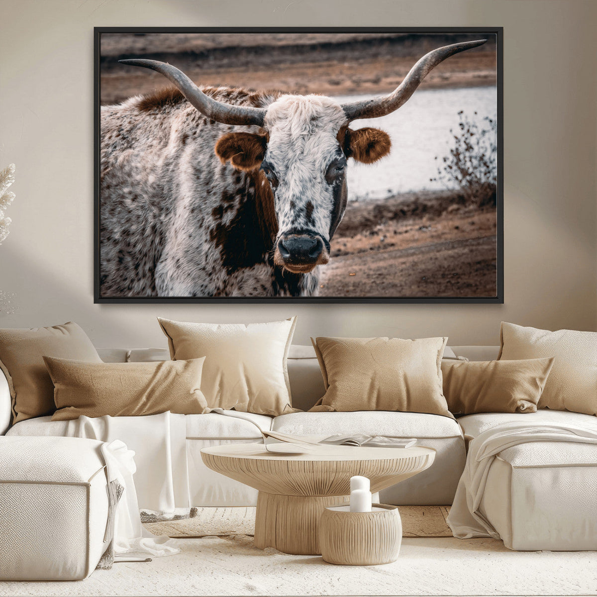 Texas Longhorn Wall Art Canvas Print | Framed Brown and White Spotted Longhorn