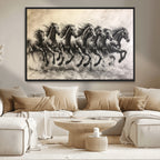 Running Horses Wall Art Canvas Print, Framed Monochrome Galloping Herd Sketch