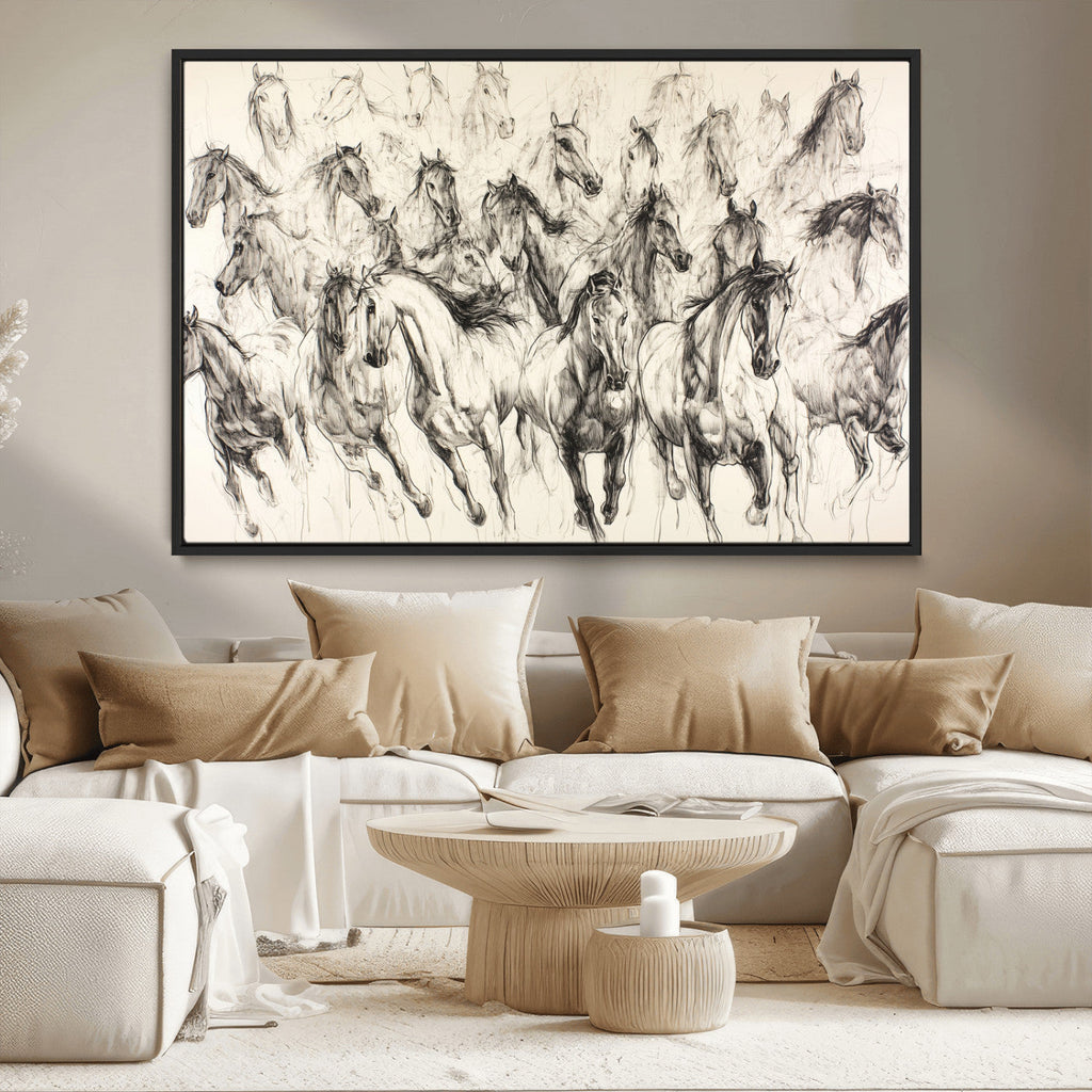 Abstract Horse Wall Art Canvas Print, Framed Horse Sketch with Galloping Herd