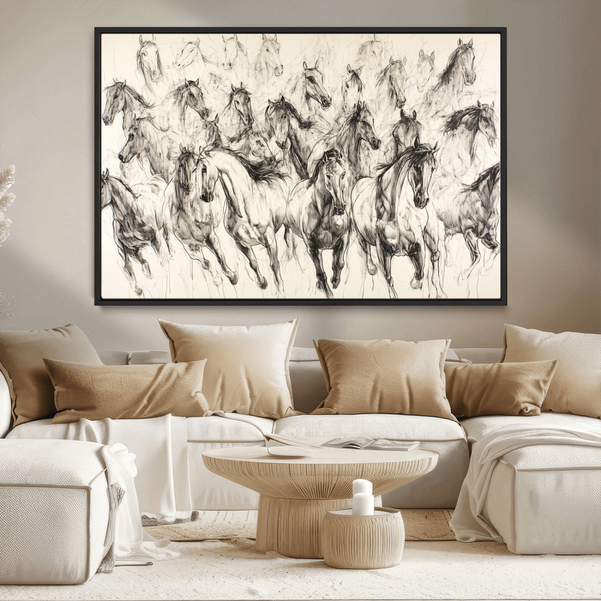 Abstract Horse Wall Art Canvas Print, Framed Horse Sketch with Galloping Herd