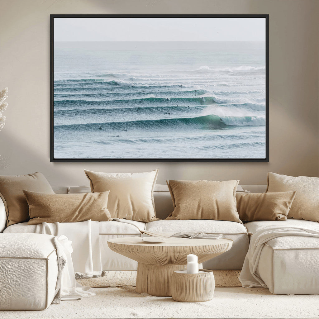 Ocean Waves Wall Art Canvas Print, Framed Surfer Lineup on a Crowded Ocean