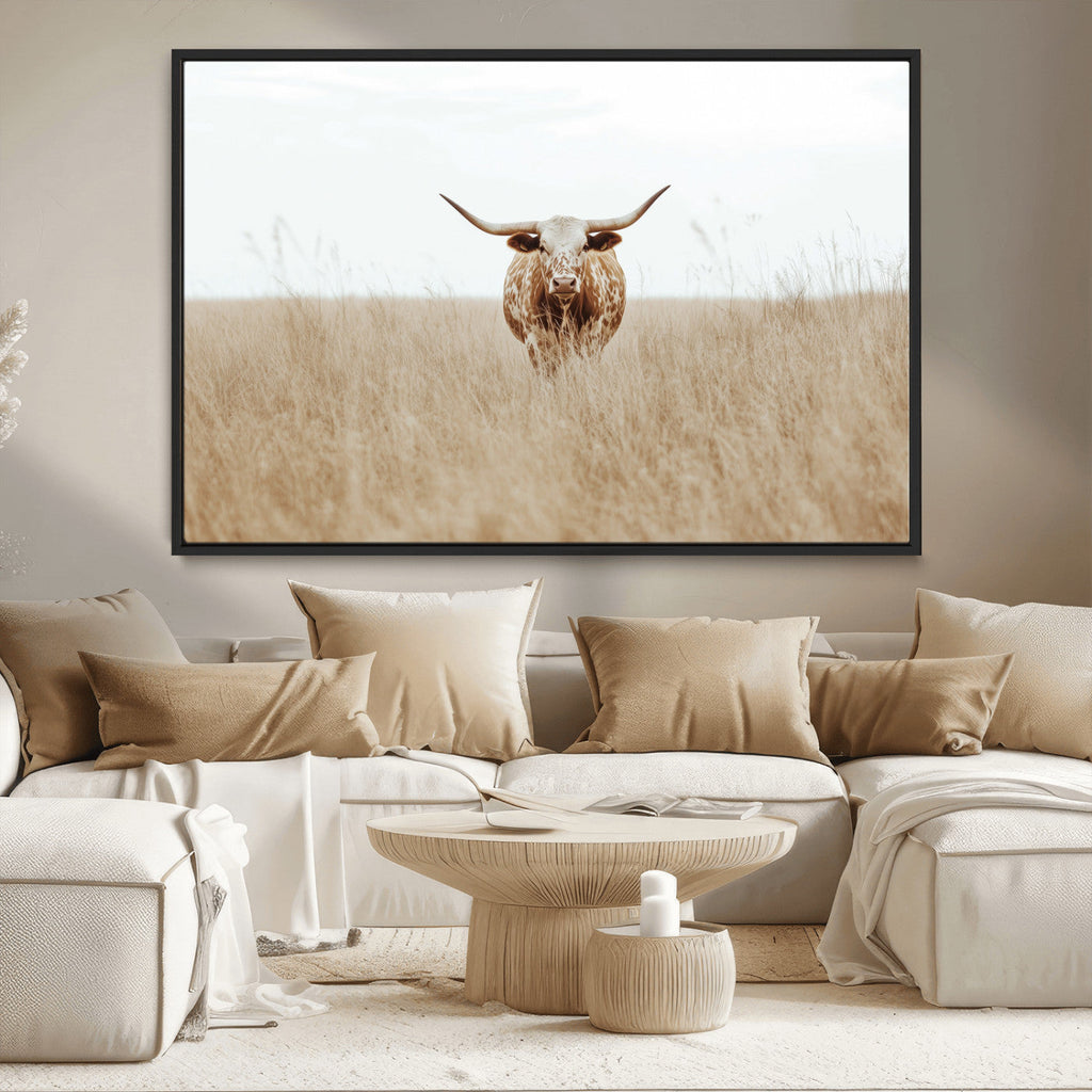 Texas Longhorn Wall Art Canvas Print, Framed Lone Cattle and Longhorn Bull Scene