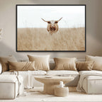 Texas Longhorn Wall Art Canvas Print, Framed Lone Cattle and Longhorn Bull Scene