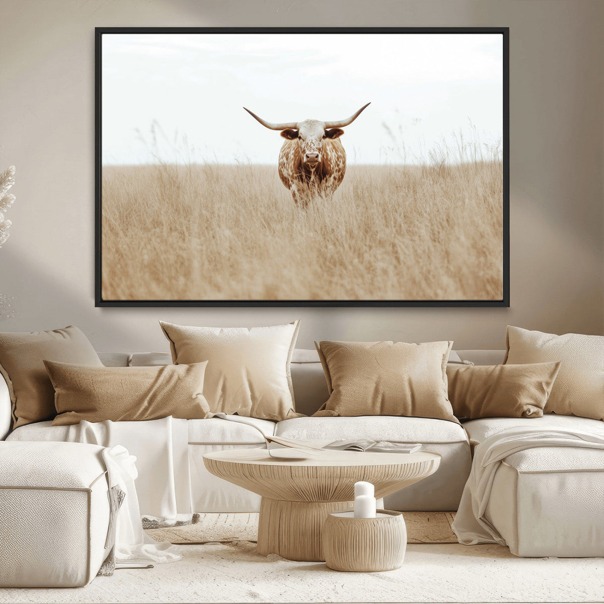 Texas Longhorn Wall Art Canvas Print, Framed Lone Cattle and Longhorn Bull Scene