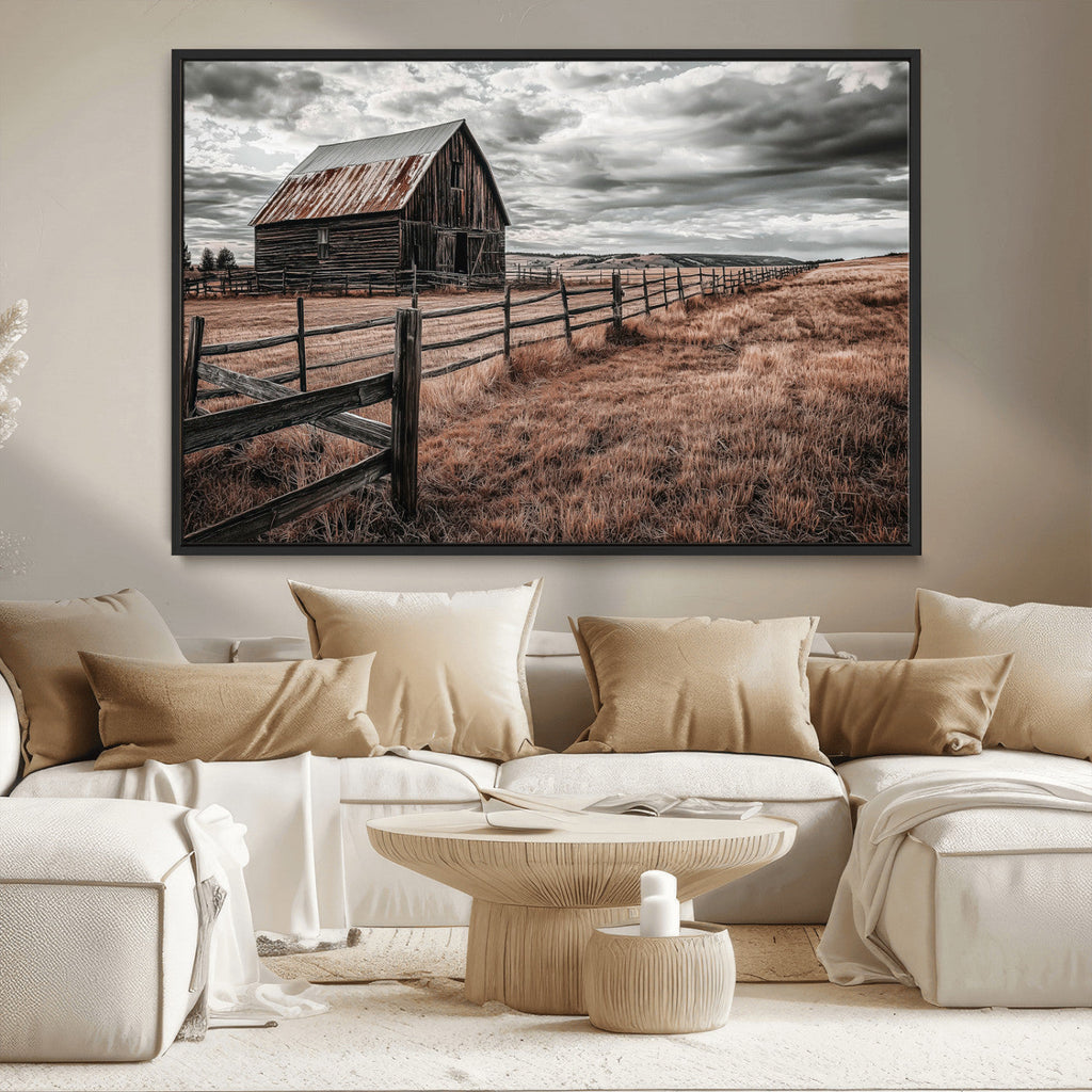 Rustic Barn Wall Art Canvas Print, Framed Moody Field Scene