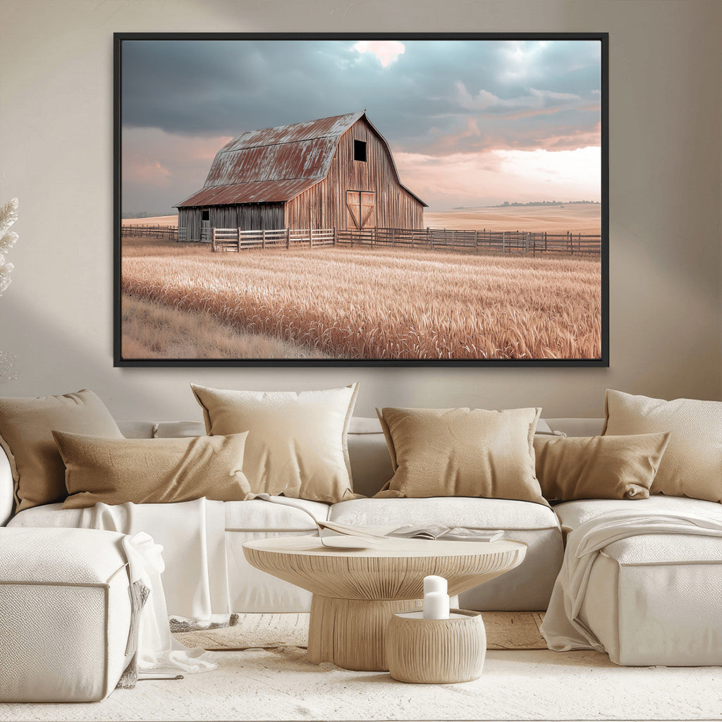 Rustic Barn Wall Art Canvas Print, Framed Wheat Field Scene