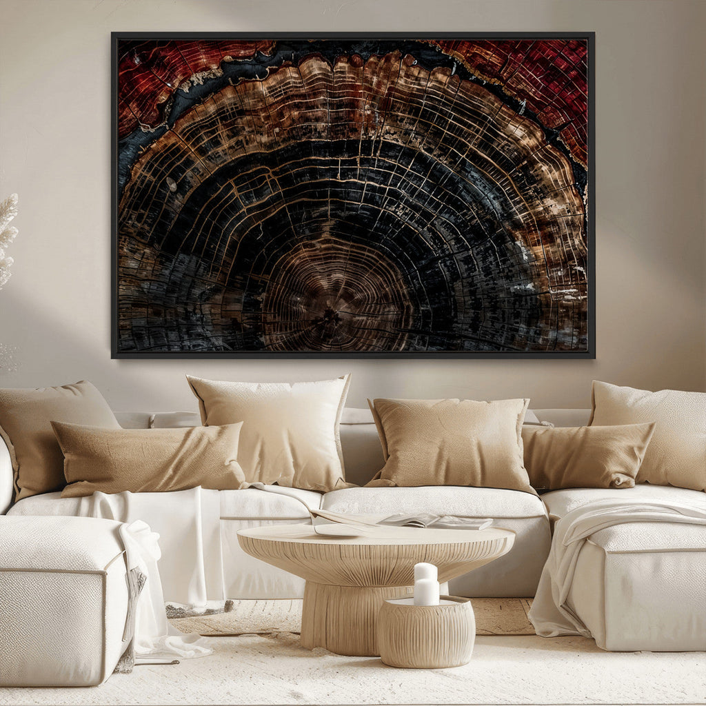 Dark Wood Ring Wall Art Canvas Print, Framed Abstract Tree Slice Print, Rustic Wood Grain Decor
