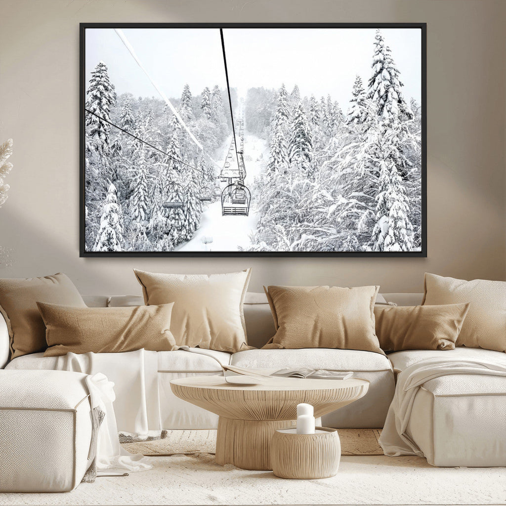 Snowy Ski Lift Wall Art | Framed Winter Mountain Canvas