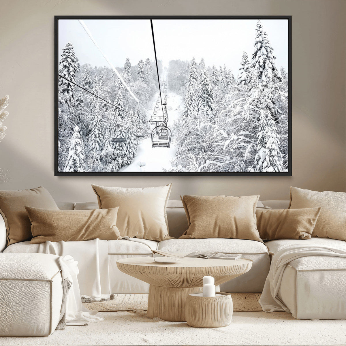 Snowy Ski Lift Wall Art | Framed Winter Mountain Canvas