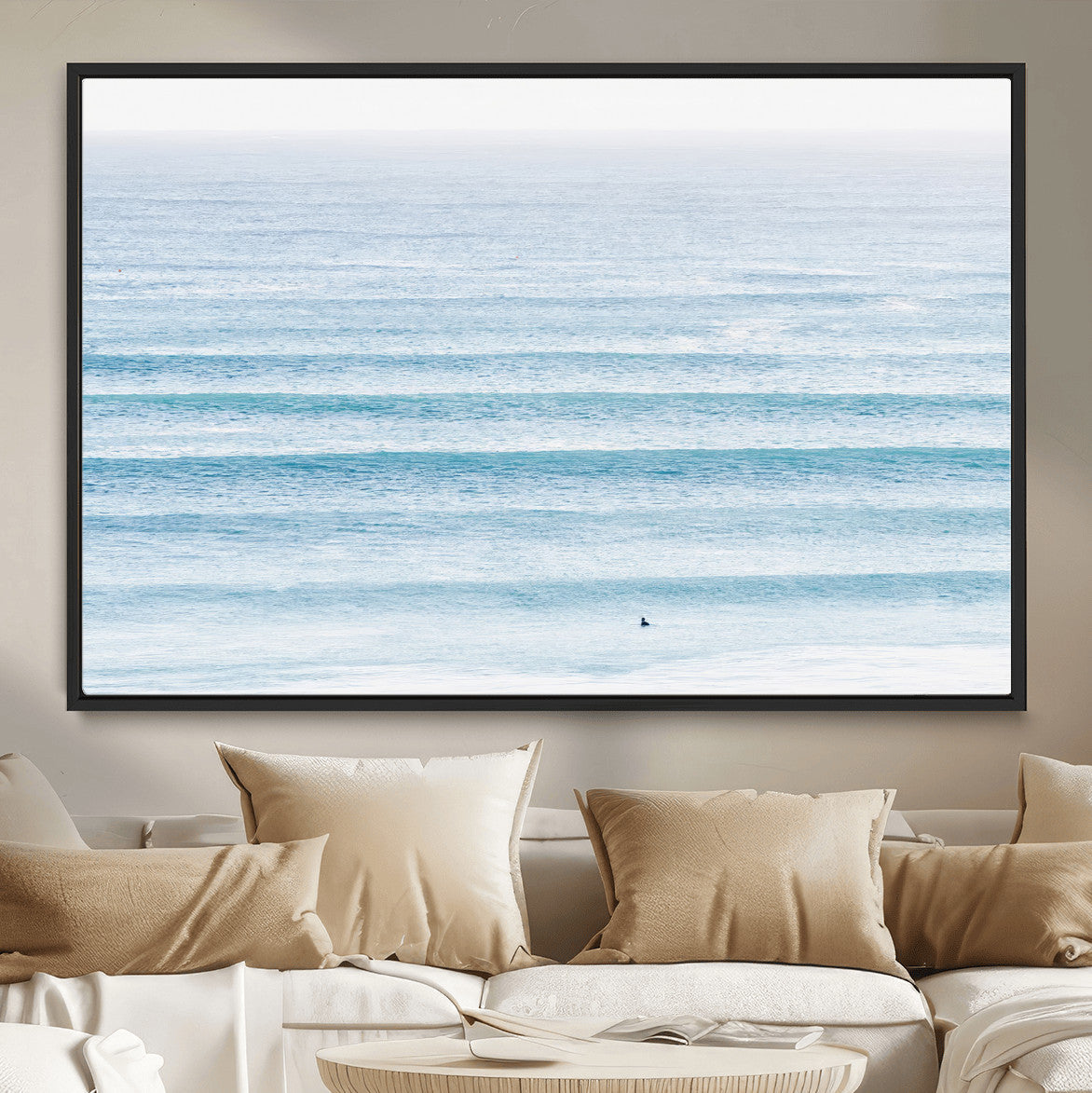 Ocean Wave Surfer Wall Art | Framed Minimal Seascape Canvas