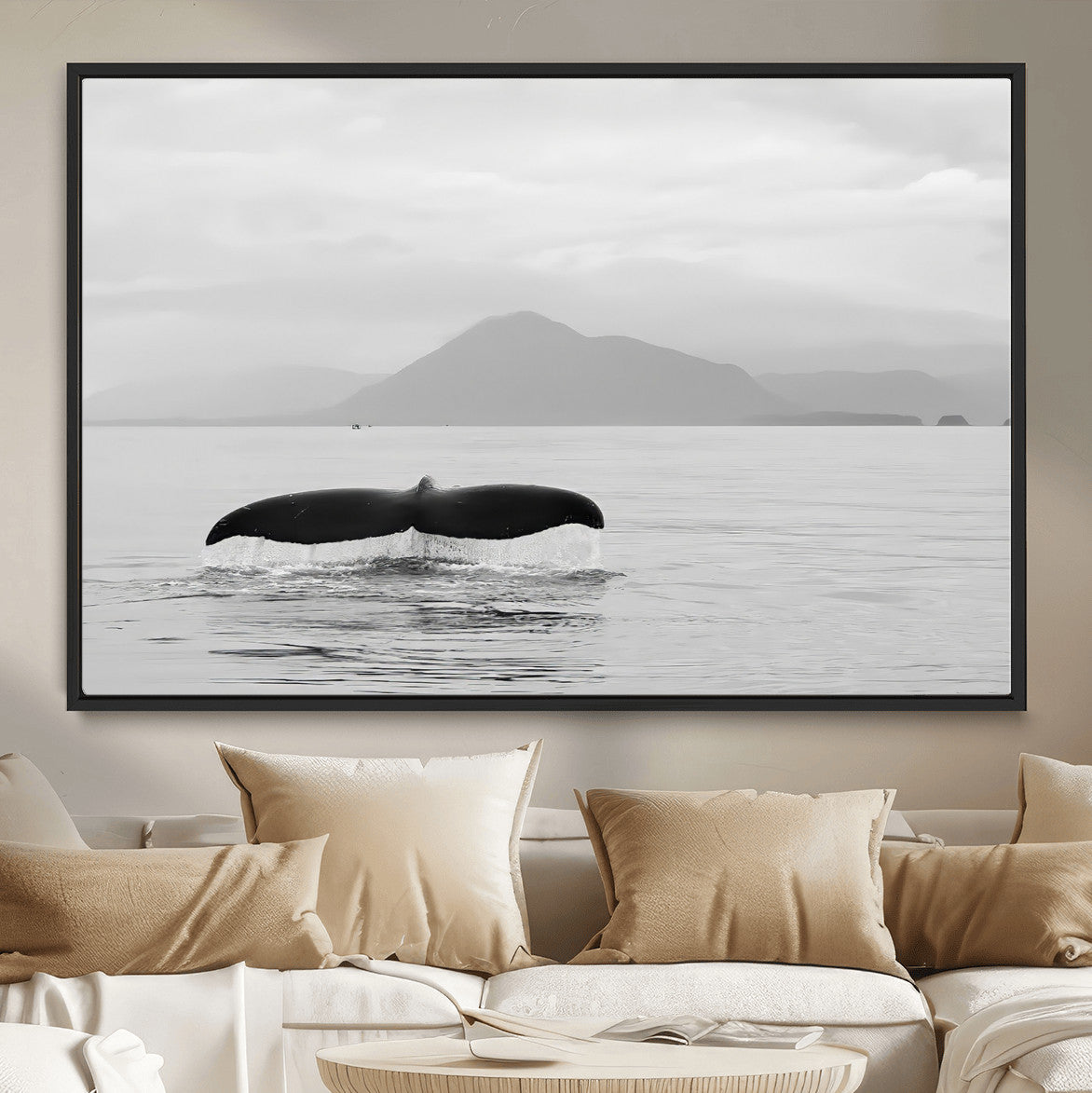 Whale Tail Wall Art | Framed Black White Ocean Canvas